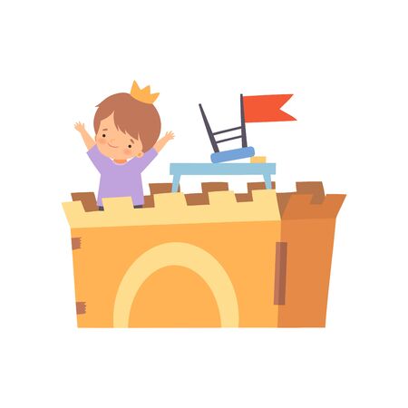 Creative Kid Character Playing Castle Made of Cardboard Boxes Cartoon Vector Illustrationのイラスト素材