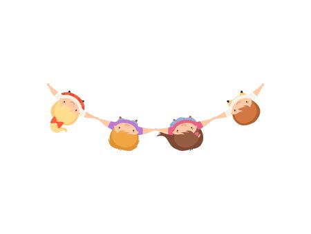 Kids Standing Together Holding Hands, Cute Little Boys and Girls, View from Above Cartoon Vector Illustration on White Background.のイラスト素材