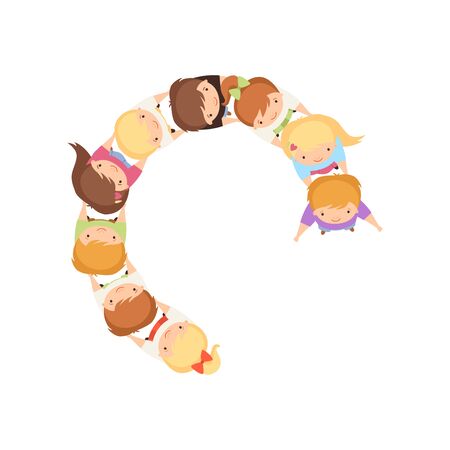 Kids Dancing in Circle Holding Hands, Cute Preschool Boys and Girls Playing Together, Top View Cartoon Vector Illustration on White Background.のイラスト素材