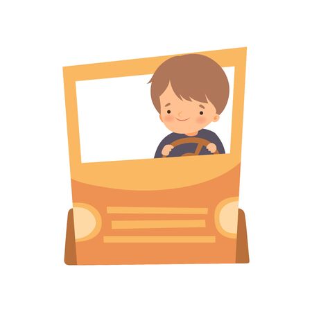 Cute Creative Boy Character Driving Car Made of Cardboard Boxes, Front View Cartoon Vector Illustration on White Background.のイラスト素材