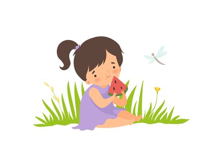 Cute Happy Girl Sitting on Green Meadow and Eating Watermelon, Adorable Little Kid Cartoon Character Playing Outside Vector Illustration on White Background.のイラスト素材
