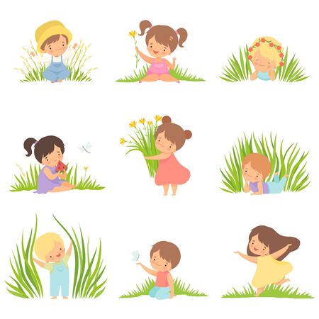 Cute Happy Kids Having Fun on Green Meadow Set, Adorable Little Boys and Girls Cartoon Characters Playing Outside Vector Illustration on White Background.のイラスト素材