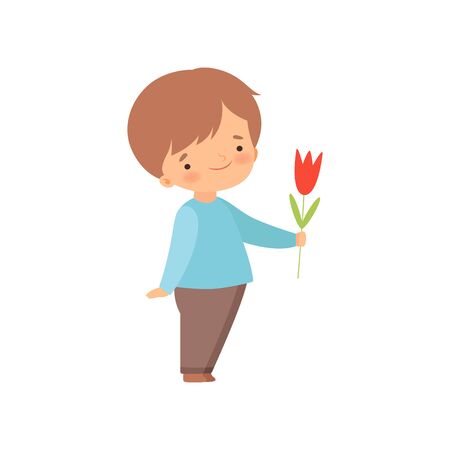 Adorable Little Boy Giving Red Tulip Flower Cartoon Vector Illustration on White Background.のイラスト素材