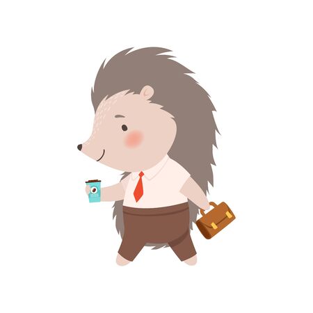 Cute Hedgehog Businessman Walking with Briefcase and Cup of Coffee, Adorable Prickly Animal Cartoon Character Vector Illustration on White Background.のイラスト素材