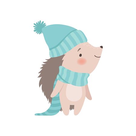Cute Hedgehog Wearing Light Blue Knitted Hat and Scarf, Adorable Prickly Animal Cartoon Character Vector Illustration on White Background.のイラスト素材
