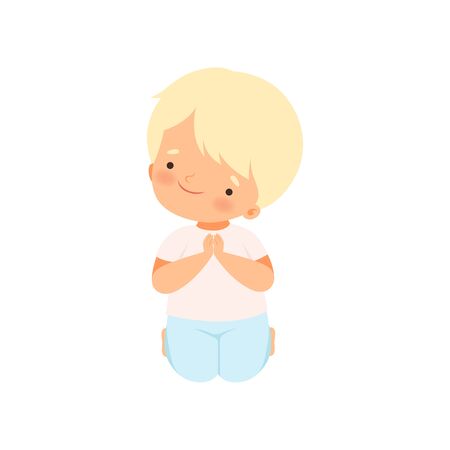Sweet Little Boy Character Praying Standing on His Knees Cartoon Vector Illustrationのイラスト素材