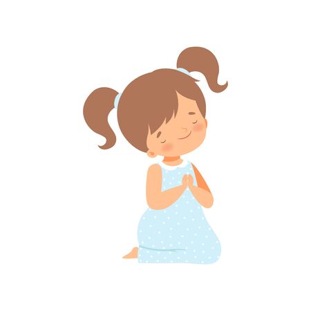 Adorable Little Girl Kneeling and Praying Cartoon Vector Illustrationのイラスト素材