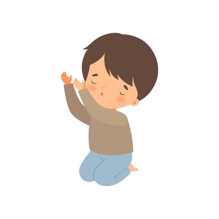 Little Boy Kneeling and Praying Cartoon Vector Illustrationのイラスト素材
