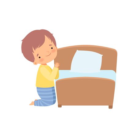 Cute Little Boy Character Praying Before Going to Bed Vector Illustrationのイラスト素材