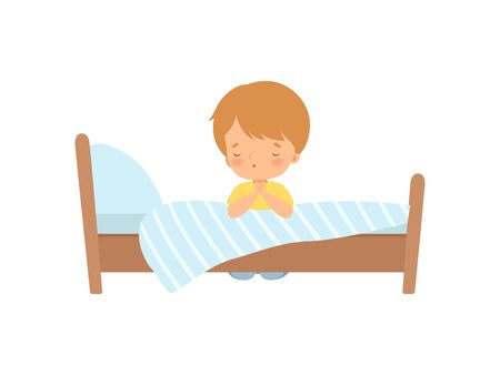 Little Boy Character Praying Beside his Bed Vector Illustrationのイラスト素材
