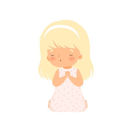 Adorable Little Girl Kneeling in Prayer Cartoon Vector Illustrationのイラスト素材