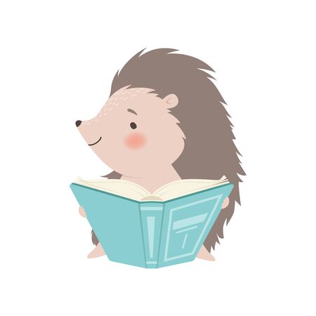 Cute Hedgehog Sitting and Reading Book, Adorable Prickly Animal Cartoon Character Vector Illustration on White Background.のイラスト素材