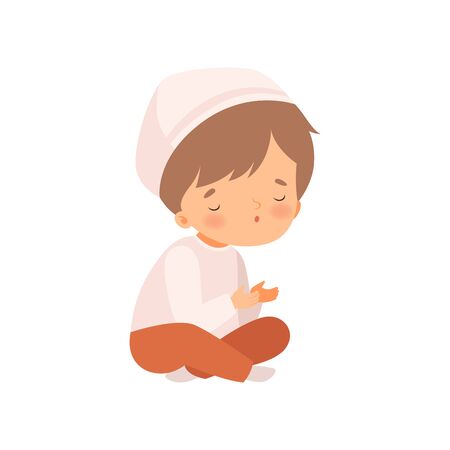 Arabic Muslim Boy Character Sitting with Crossed Legs and Praying Cartoon Vector Illustrationのイラスト素材