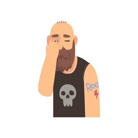 Bald Bearded Man Covering His Face with Hand, Brutal Man Making Facepalm Gesture, Shame, Headache, Disappointment, Negative Emotion Vector Illustration on White Background.のイラスト素材