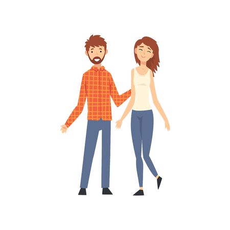 Happy Couple Standing and Holding Hands, Husband and Wife Vector Illustration on White Background.のイラスト素材