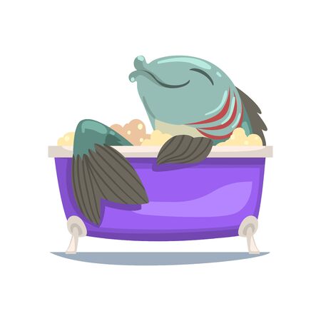 Funny Big Fish Taking Bath, Funny Cartoon Character Sea Animal Relaxing in Foamy Bathtub Vector Illustration on White Background.のイラスト素材