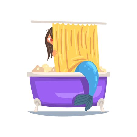 Mermaid Taking Bath Full of Soap Foam Vector Illustration on White Background.のイラスト素材
