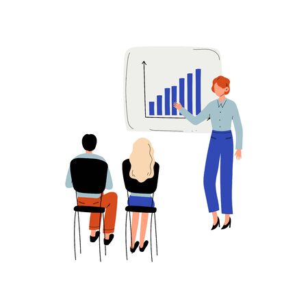 Businessman Doing Presentation to Group of People, Training of Office Staff, Teamwork, Business Meeting Vector Illustration on White Background.のイラスト素材