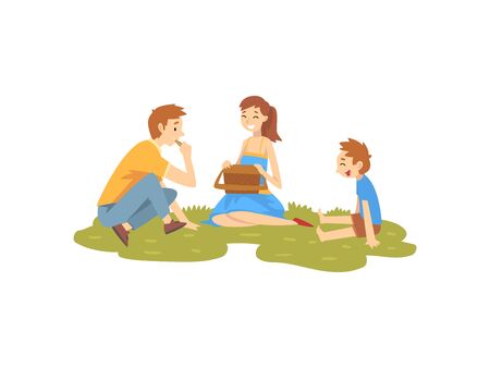 Happy Family Resting on Grass, Father, Mother and Son Having Picnic In Park, Summer Outdoor Activities Vector Illustration on White Background.のイラスト素材