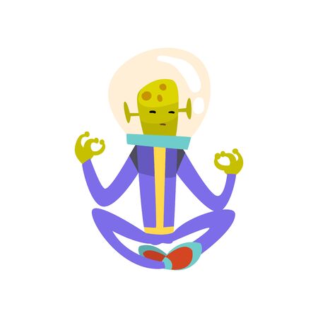 Funny Green Alien Meditating in Lotus Position, Funny Humanoid Cartoon Character in Blue Space Suit and Helmet Vector Illustration on White Background.のイラスト素材