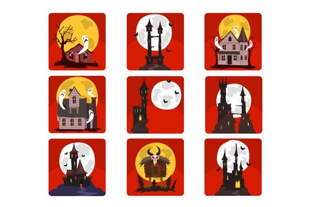 Flat vector set of scary castles with full moon and bats, old houses with ghosts and creepy hut on chicken legs. Halloween themeのイラスト素材