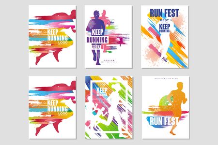 Run fest posters set, sport and competition concept, running marathon, colorful design element for card, banner, print, badge vector Illustrationsのイラスト素材
