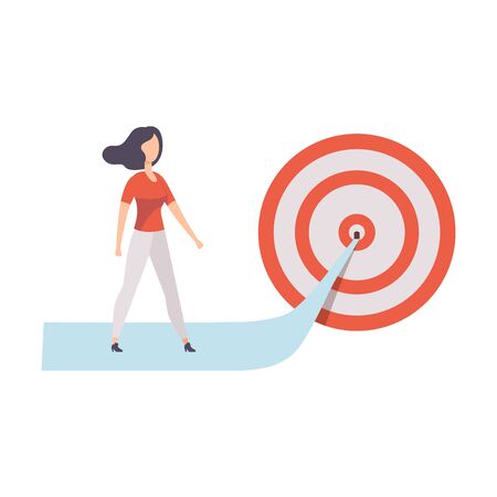 Businesswoman Walking to Arrow to Achieve Target, Achievement of Goal Vector Illustrationのイラスト素材