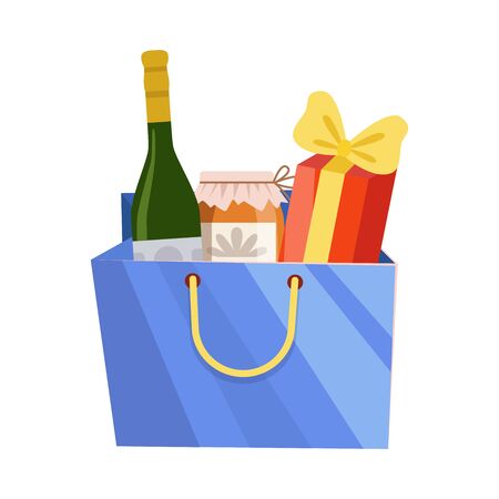 Blue Paper Shopping Bag with Alcohol Bottle, Jam Jar and Gift, Present Package for Birthday, Xmas, Anniversary Celebration Vector Illustrationのイラスト素材