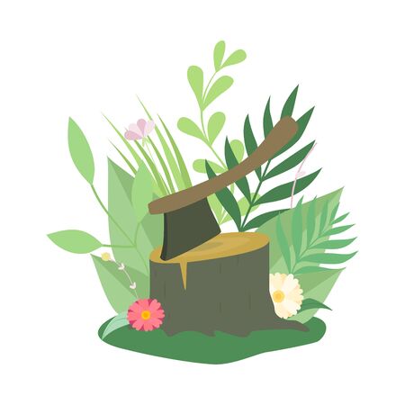 Felled Tree or Stump and Ax, Deforestation, Ecological Problem Vector Illustration on White Background.のイラスト素材