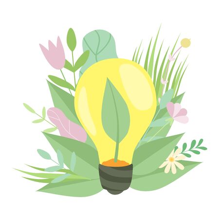 Eco Energy, Light Bulb with Plant Growing Inside, Green Grass and Flowers, Environmental Protection, Ecology Concept Vector Illustration on White Backgroundのイラスト素材