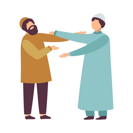 Muslim Men in Traditional Clothing Greeting Each Other as They Celebrating Eid Al Adha Islamic Holiday Vector Illustrationのイラスト素材