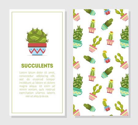 Succulents Card Template with Place for Text, Cactuses in Flower Pots Seamless Pattern, Design Element for Banner, Invitation, Poster, Voucher, Flyer, Coupon Vector Illustration.のイラスト素材