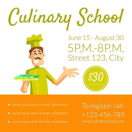 Culinary School Banner Template, Cooking Classes Design Element, Poster, Invitation, Voucher, Flyer, Coupon Vector Illustration.のイラスト素材