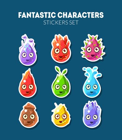 Fantastic Characters Stickers Set, Cute Funny Fantasy Colorful Creatures Vector Illustrationのイラスト素材