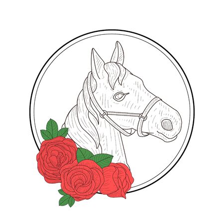 Hand Drawn Horse Head Profile and Red Rose Flowers Vector Illustration on White Background.のイラスト素材