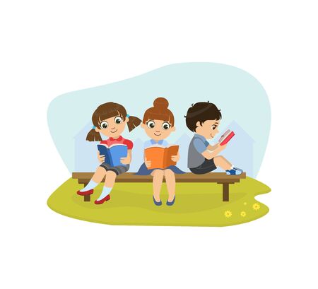Cute Little Girls and Boy Sitting on Bench in Park and Reading Books Vector Illustration, Web Design.の販売画像