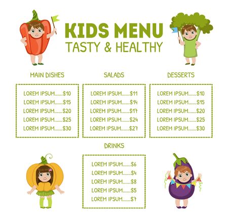 Cute Colorful Kids Meal Menu with Cute Children Dressed Like Vegetables Vector Illustration, Web Design.のイラスト素材