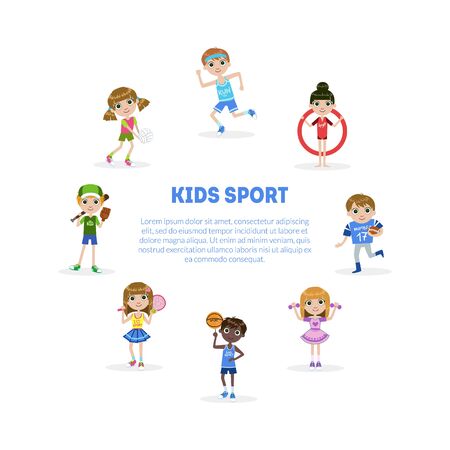 Kids Sport Banner Template with Space for Text, Cute Boy and Girls Engaged in Various Sports Vector Illustration, Web Design.のイラスト素材