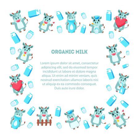 Organic Milk Frame of Square Shape with Cute Funny Cow, Dairy Products and Place for Text, Design Element Can Be Used for Banner, Poster, Label, Invitation, Certificate, Coupon Vector Illustrationのイラスト素材