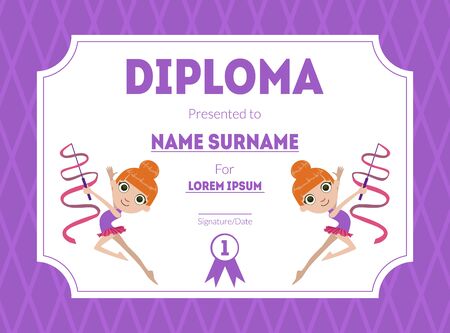 Sports Award Diploma Template, Kids Certificate with Gymnast Girl for Competition or Sports Winner Vector Illustration, Web Design.のイラスト素材