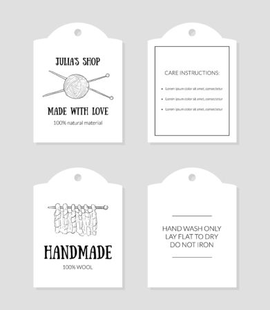 Handmade with Love Paper Tags with Care Instructions Set Monochrome Hand Drawn Vector Illustrationのイラスト素材