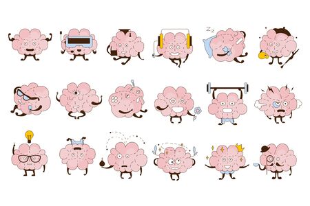 Brain Different Activities And Emotions Icon Set. Comic Style Outlined Hand Drawn Emojis Isolated On White Background.のイラスト素材