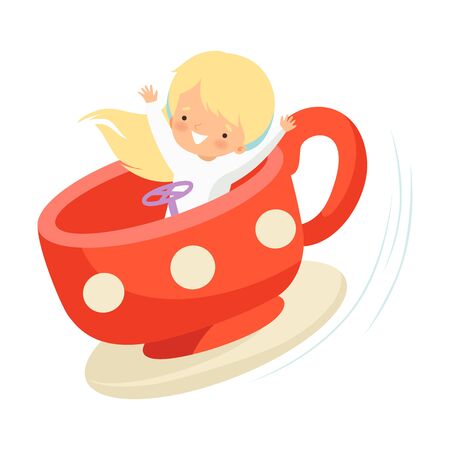 Cute Little Boy Sitting in Cup Carousel, Happy Kid Having Fun in Amusement Park Vector Illustration on White Background.のイラスト素材