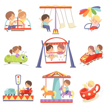 Cute Boys and Girls Having Fun at Carousels and Attractions in Amusement Park Set Vector Illustrationのイラスト素材