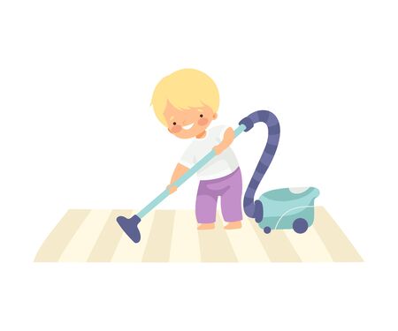 Cute Boy Vacuuming Carpet, Adorable Kid Doing Housework Chores at Home Vector Illustration on White Background.のイラスト素材