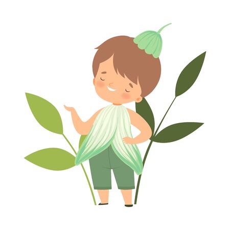 Cute Little Boy Wearing Flower Costume, Adorable Kid in Carnival Clothes Vector Illustration on White Background.のイラスト素材