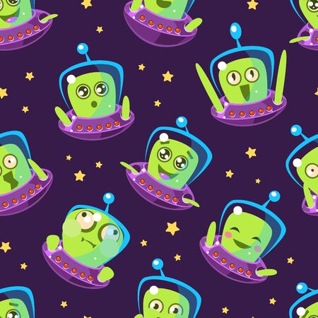 Cute Funny Alien in Spaceship Seamless Pattern, Design Element Can Be Used for Textile, Wallpaper, Packaging, Background Vector Illustration.のイラスト素材