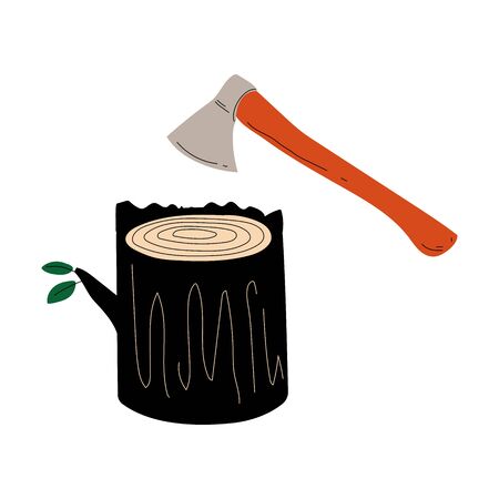 Felled Tree or Stump and Ax, Deforestation, Cutting Down of Trees, Ecological Problem Vector Illustrationのイラスト素材