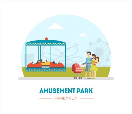 Amusement Park, Family Fun Banner Template, Parents and Their Little Kids Relaxing and Walking in Park Vector Illustration, Web Design.のイラスト素材