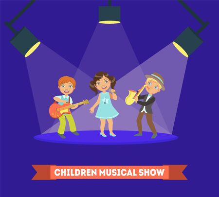 Children Musical Show Banner Template, Kids Performing on Stage, Boys and Girls Singing and Playing Music Instruments Vector Illustration, Web Design.のイラスト素材